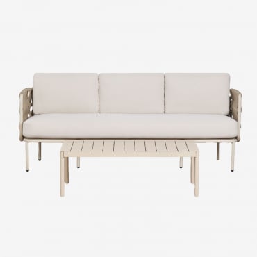 Conjunto De Jardim Com Sofá De 3 Lugares Em Corda Trançada Tevary E Mesa De Centro Em Alumínio Boleni Tela Bege Tapioca - Sklum