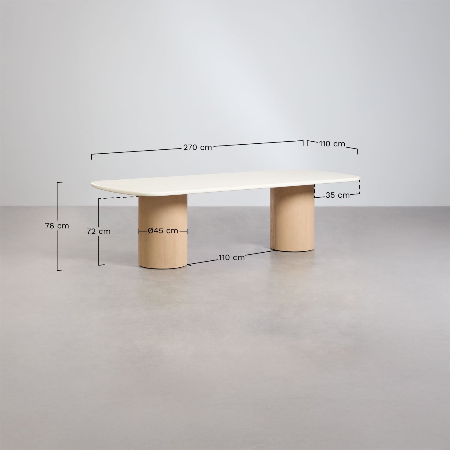 Conjunto de mesa retangular 270x110 cm e 2 bancos de jantar em cimento e madeira de acácia Sharpay, Dimens&otilde;es