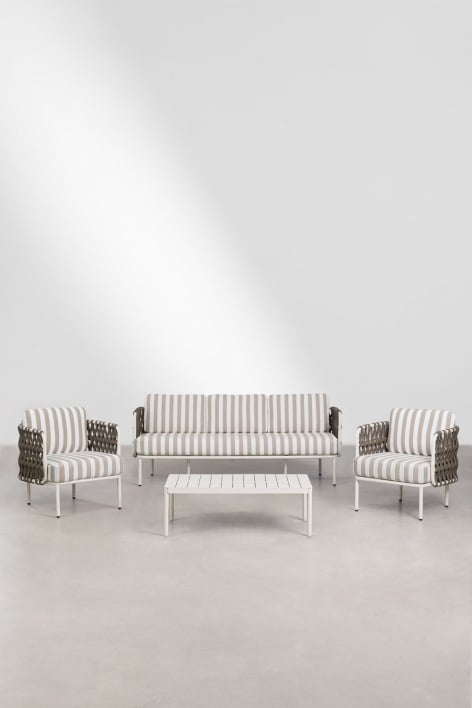 Conjunto de jardim com sofá de 3 lugares, 2 poltronas em corda trançada Tevary e mesa de centro em alumínio Boleni - Tecido Castanho Moka - Branco Gardenia