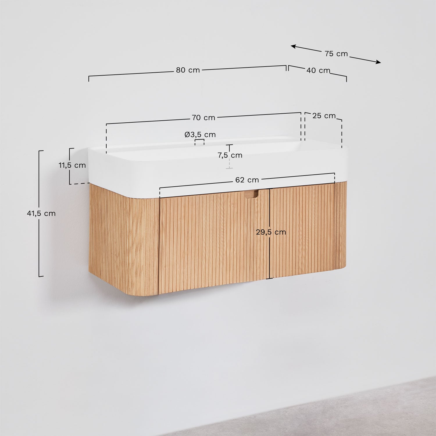 Conjunto de móvel de casa de banho 80x40 cm suspenso em madeira com lavatório integrado Saioa, Dimens&otilde;es