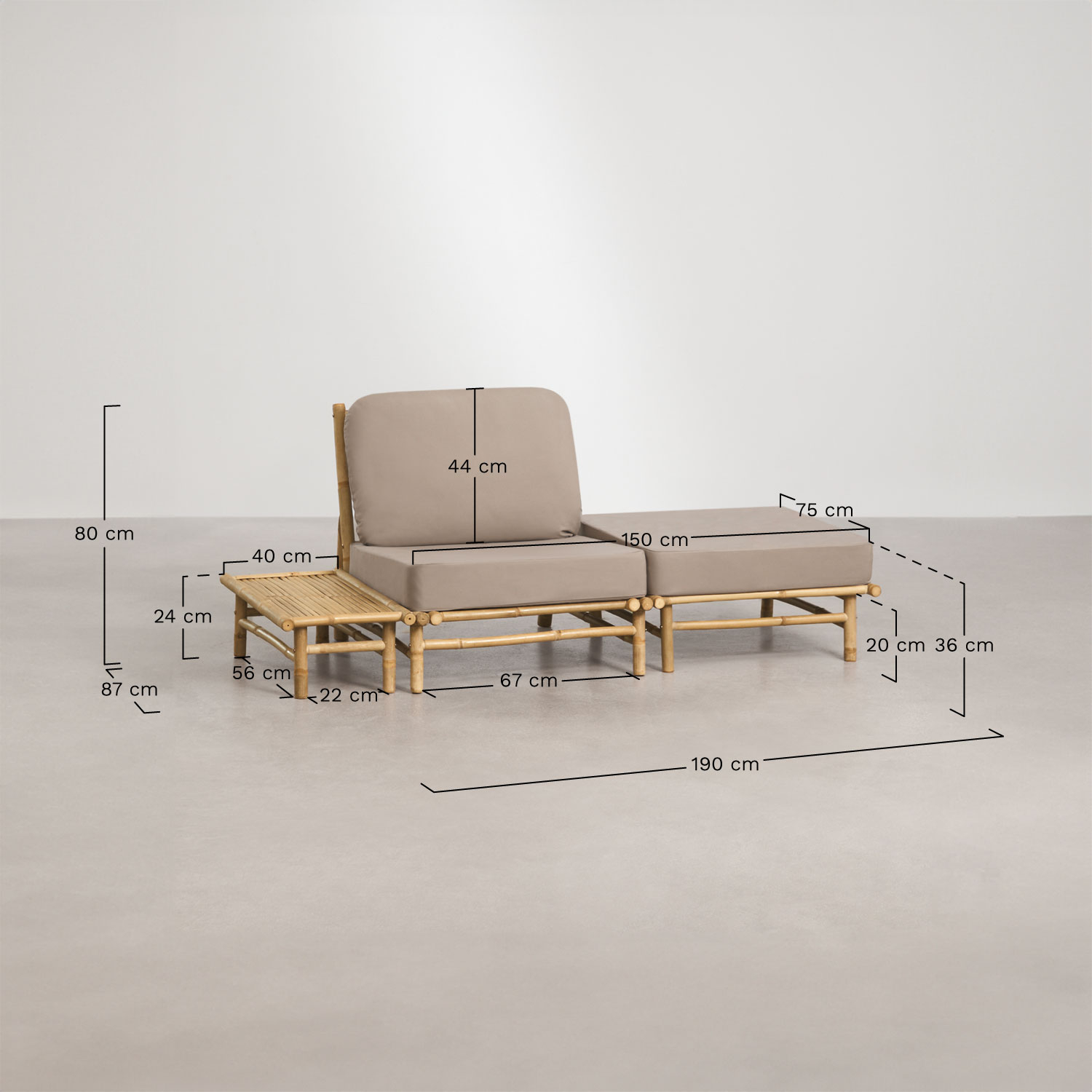 Conjunto de jardim com poltrona, puff e mesa auxiliar lateral retangular 75x40 cm em bambu Isendra, Dimens&otilde;es