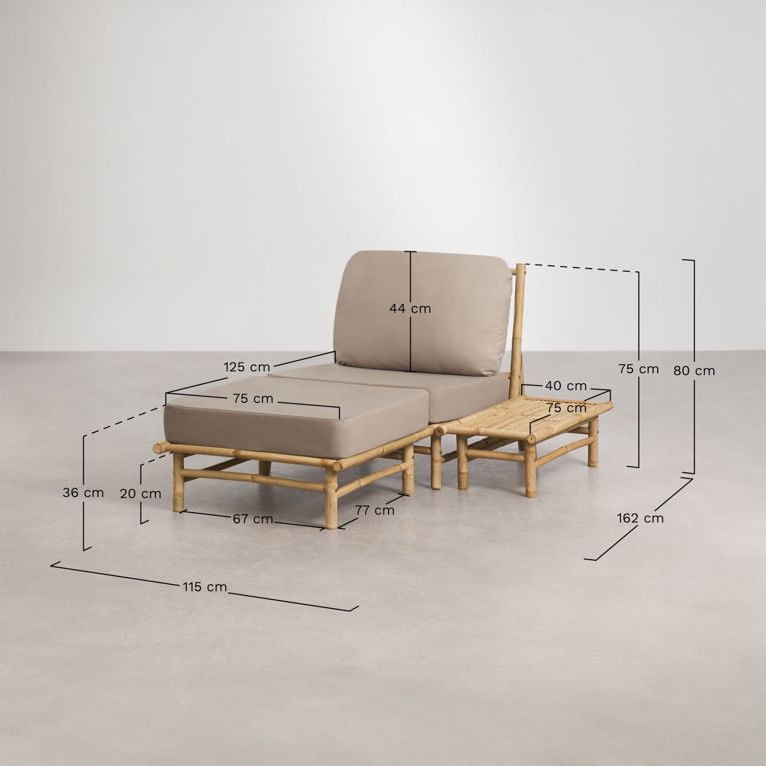 Conjunto de jardim com poltrona, puff e mesa auxiliar retangular em bambu Isendra, Dimens&otilde;es