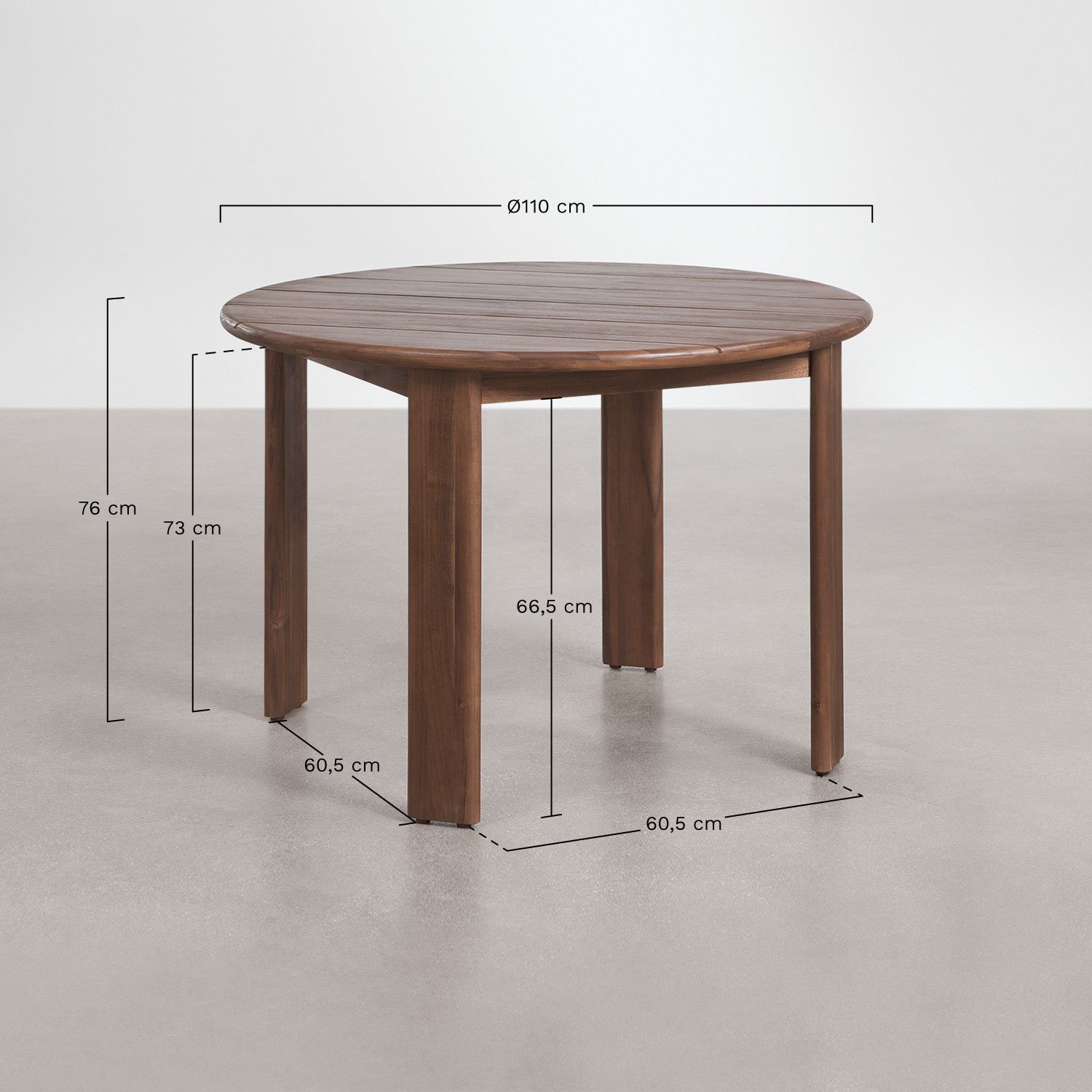 Conjunto de mesa redonda Ø110 cm e 4 cadeiras de jardim em madeira de acácia Uleno, Dimens&otilde;es