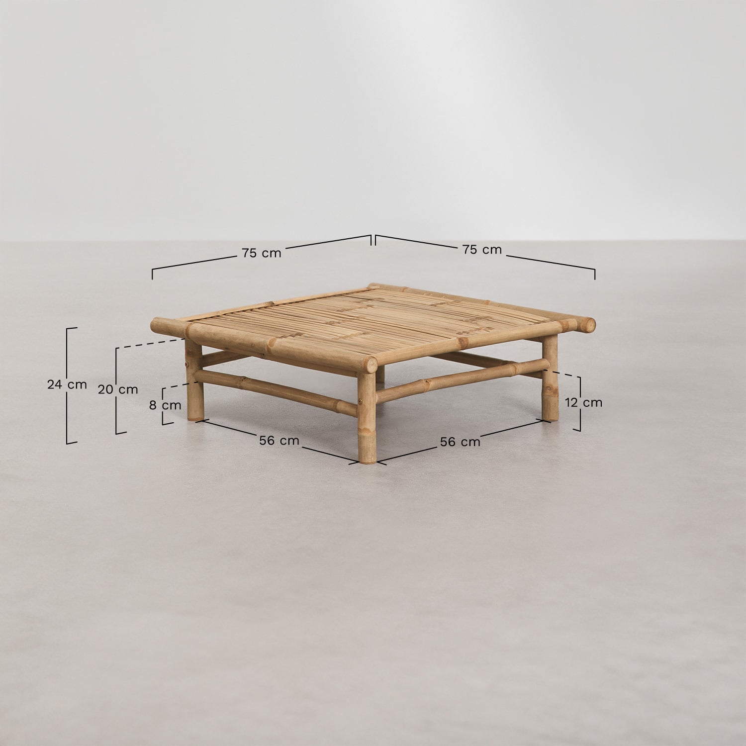 Conjunto de jardim com sofá modular de 2 peças, puff e mesa de centro quadrada 75x75 cm em bambu Isendra, Dimens&otilde;es