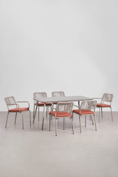Conjunto de mesa retangular 160x90 cm e 6 cadeiras de jantar empilháveis em corda trançada Arhiza