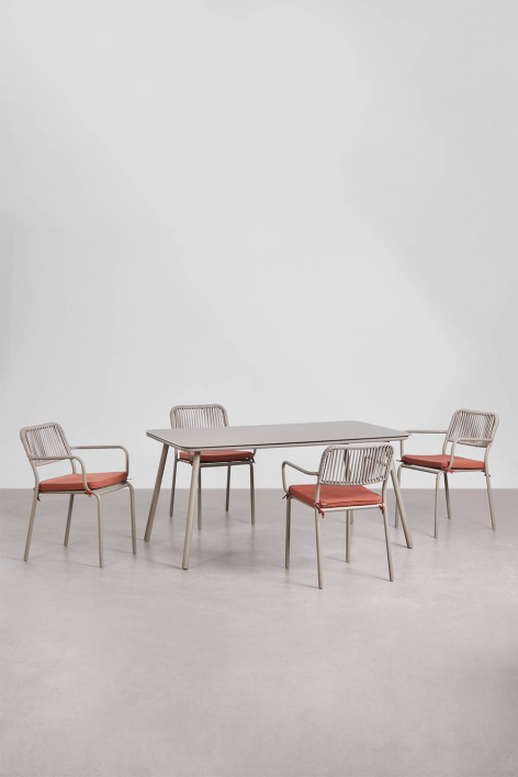 Conjunto de mesa retangular 160x90 cm e 4 cadeiras de jardim empilháveis em corda trançada Arhiza