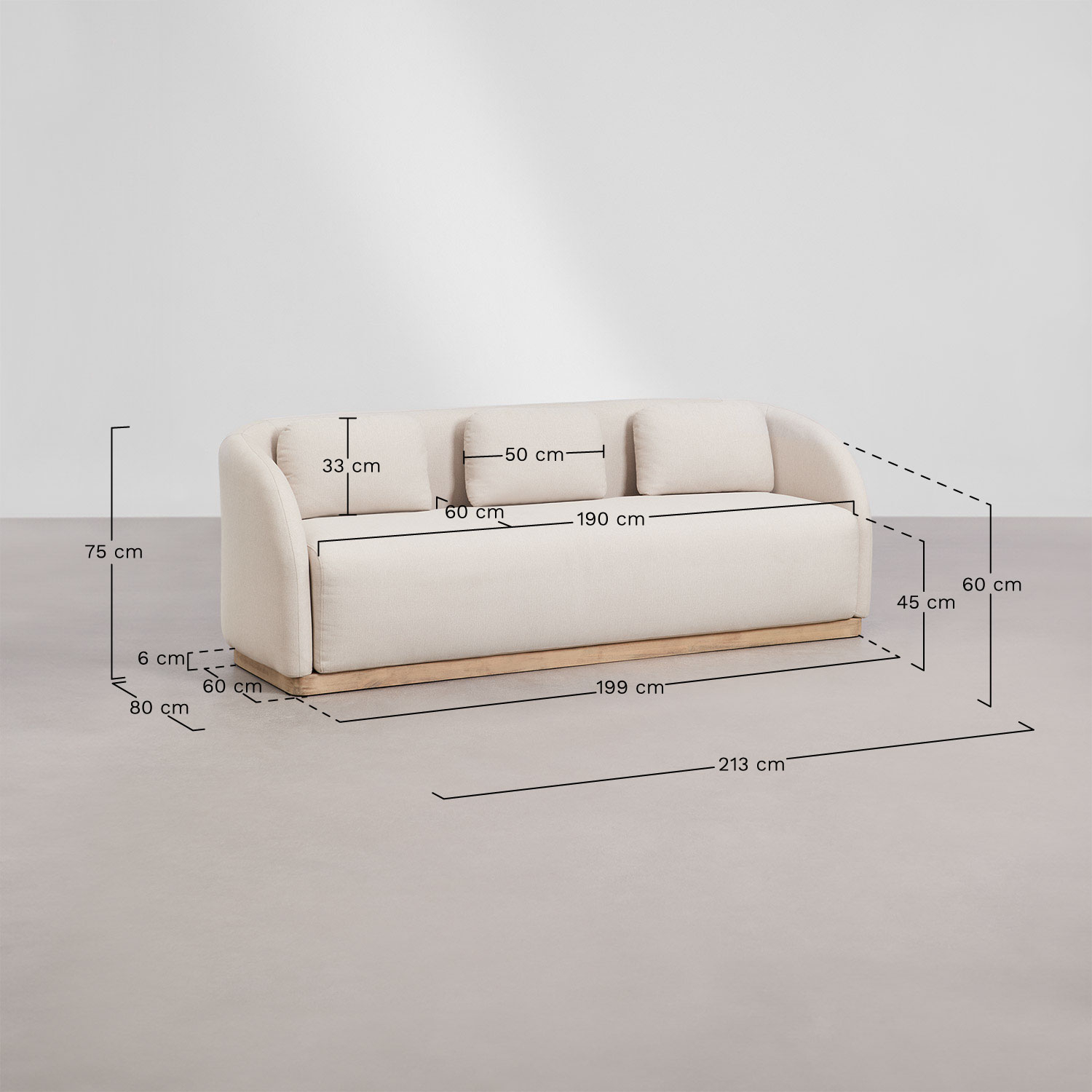 Conjunto de sala com sofá de 3 lugares e mesa de centro retangular 130x75 cm em madeira de acácia Verona, Dimens&otilde;es
