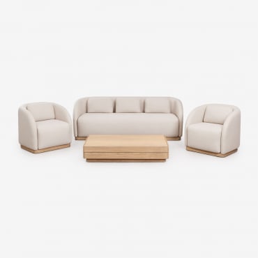 Conjunto De Sala Com Sofá De 3 Lugares, 2 Poltronas E Mesa De Centro Retangular 130x75 Cm Em Madeira De Acácia Verona Marrom Acácia Claro - Sklum