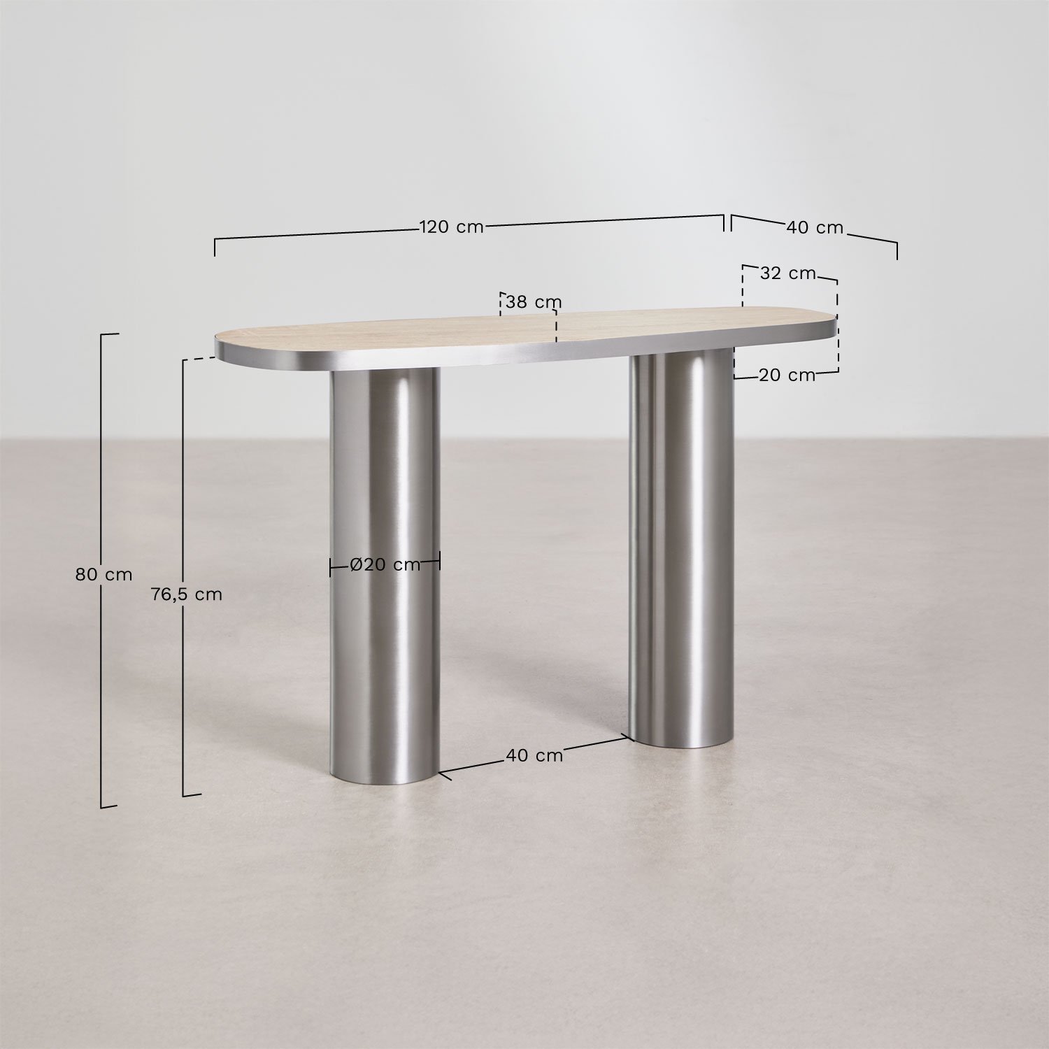 Consola de entrada oval 120x40 cm em pedra natural e aço inoxidável Fertrix, Dimens&otilde;es