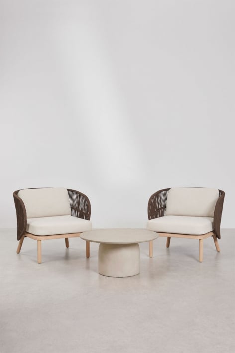 Conjunto de sala com 2 poltronas em corda trançada Capri e mesa de centro redonda Ø75 cm em cimento Layana