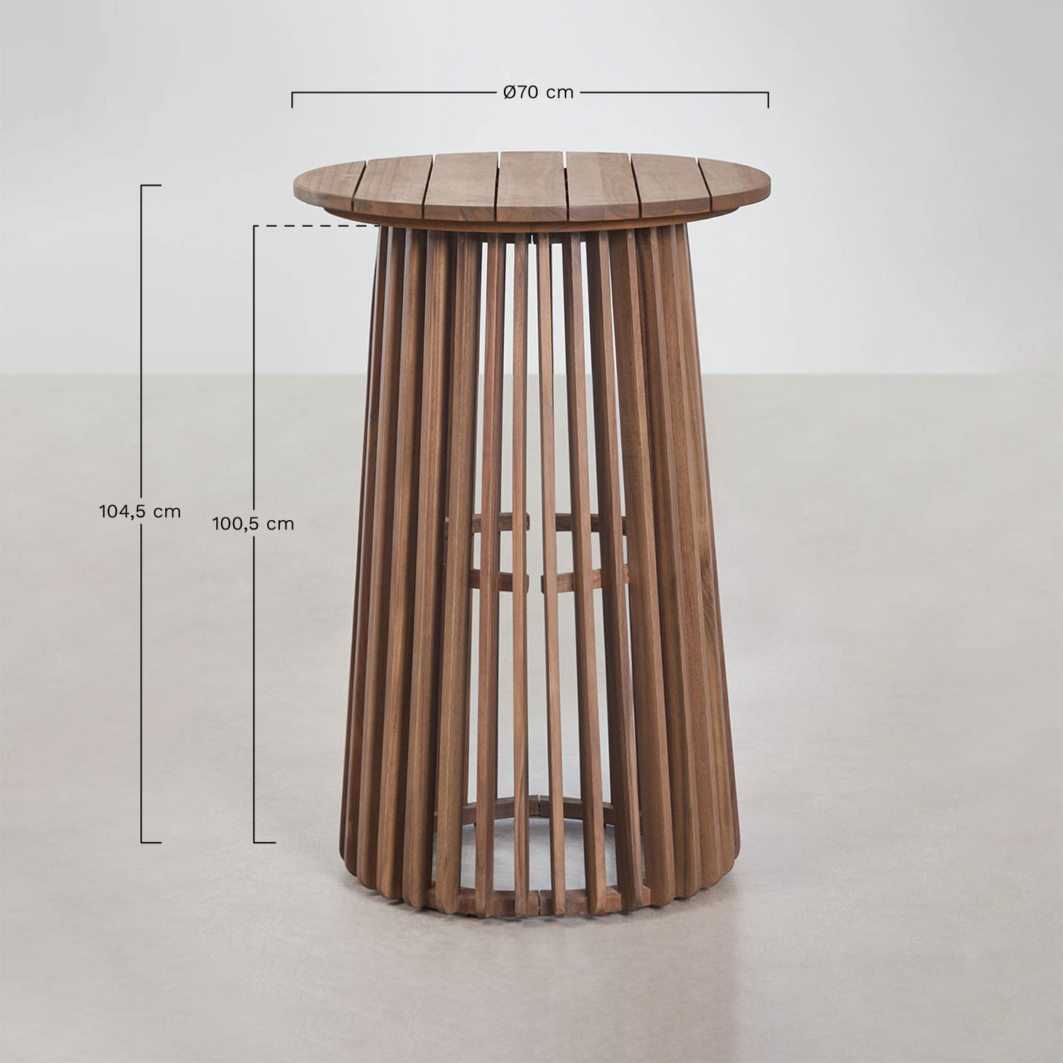 Mesa alta de jardim redonda Ø70 cm em madeira de acácia Mura, Dimens&otilde;es