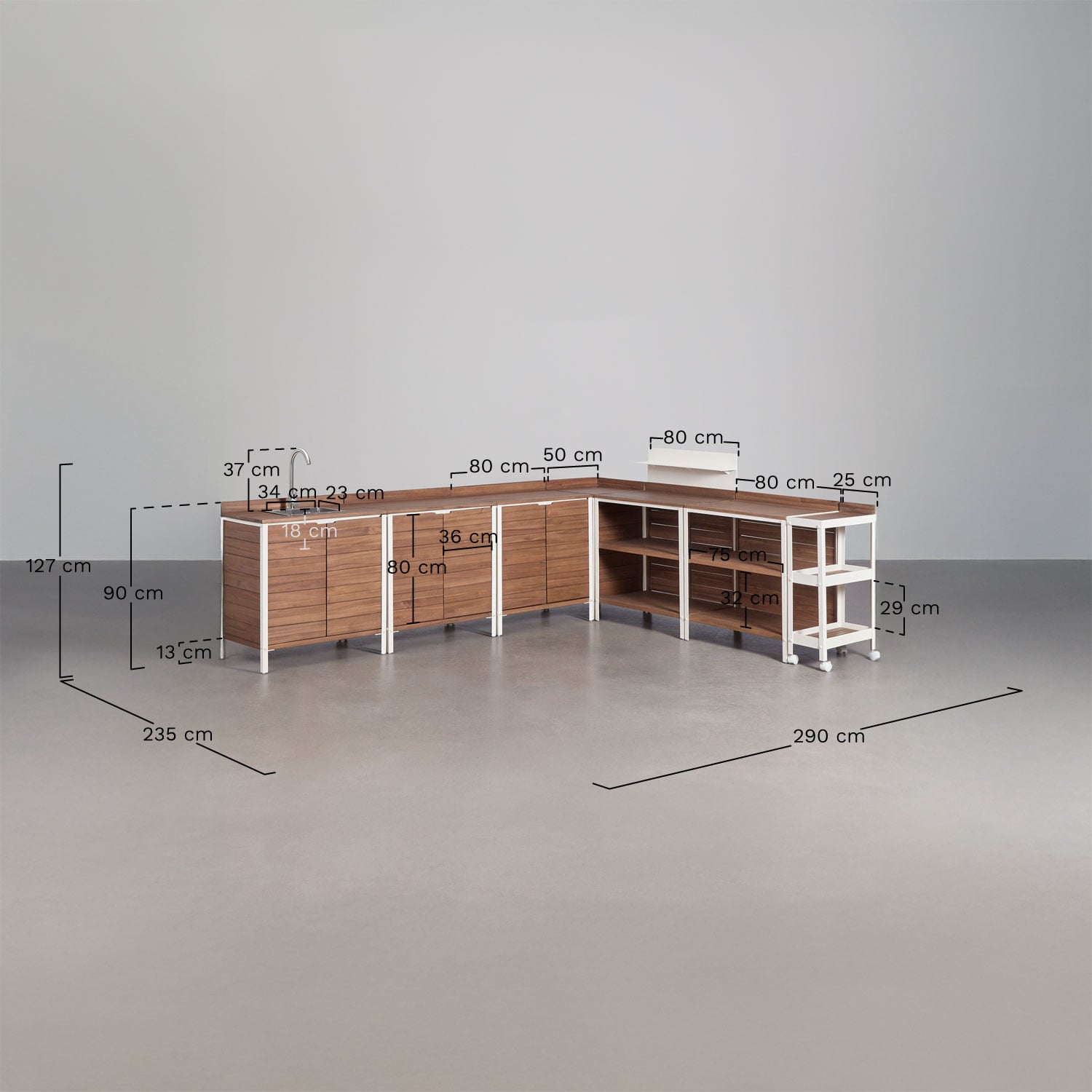 Cozinha modular de exterior de 7 peças com lava-louças, painel organizador e armazenamento em madeira de acácia Reggie, Dimens&otilde;es