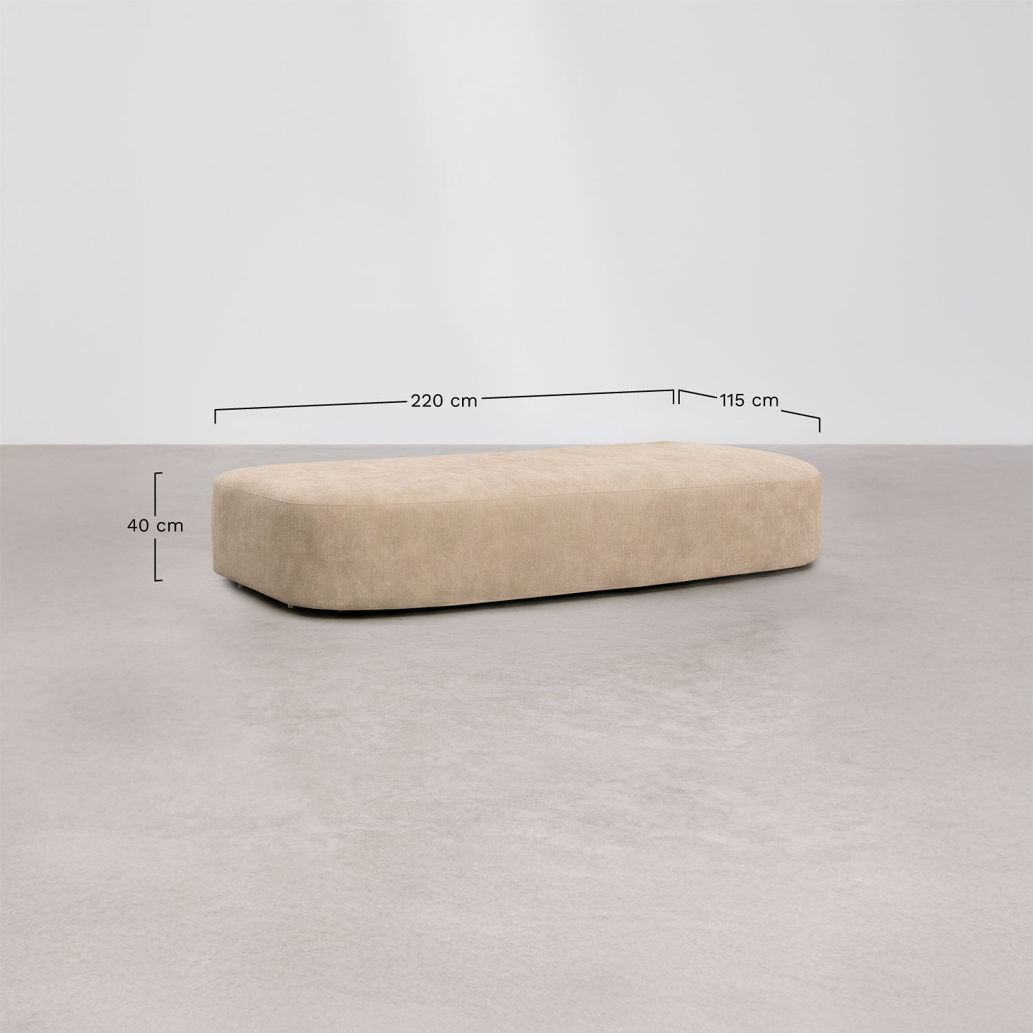 Assento central 220x115 cm para sofá modular estofado Giorgia, Dimens&otilde;es