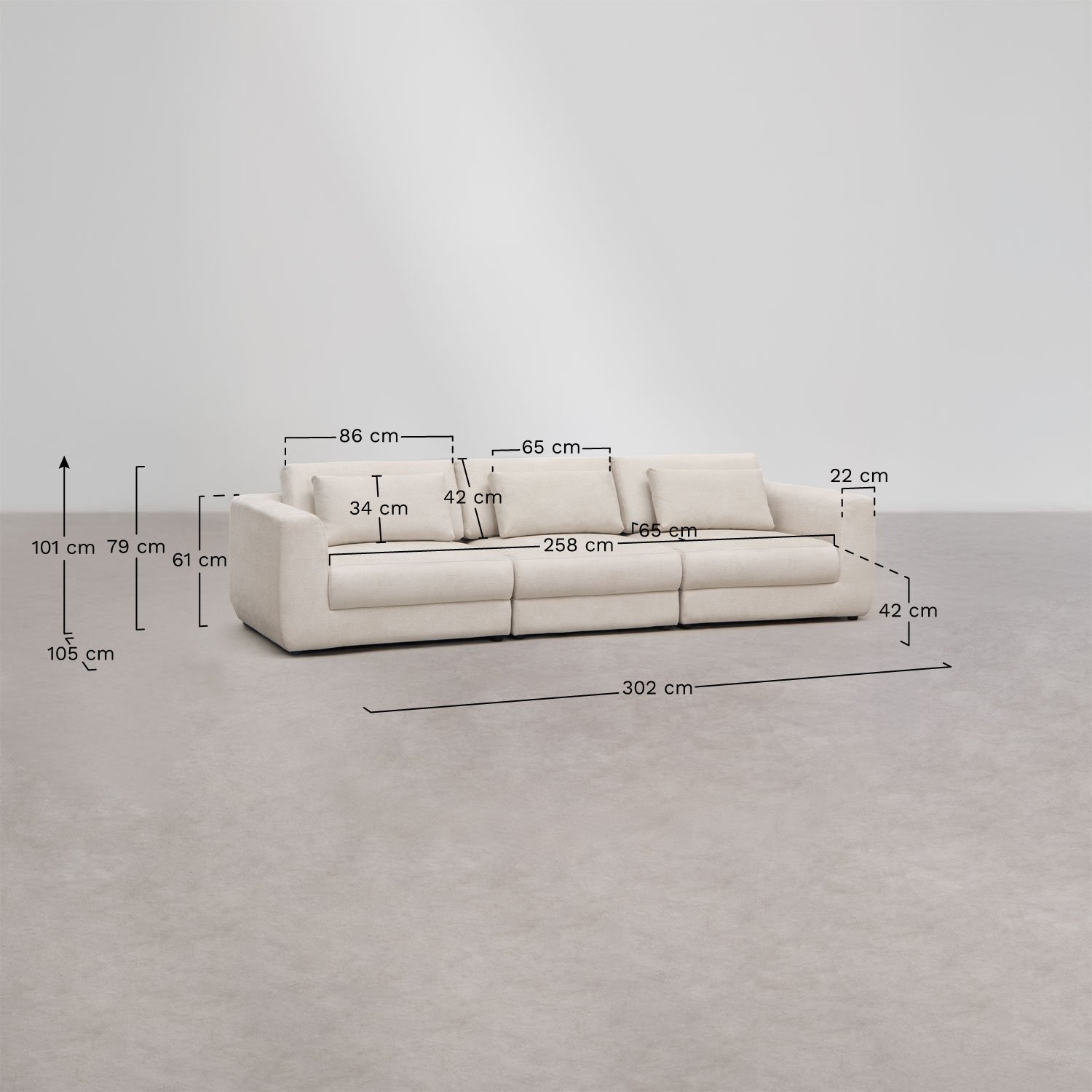 Sofá modular de 3 peças em chenille Cataline, Dimens&otilde;es