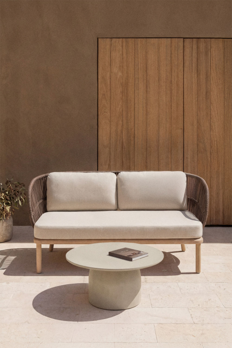 Conjunto de jardim com sofá de 2 lugares em corda trançada Capri e mesa de centro redonda Ø75 cm em cimento Layana
