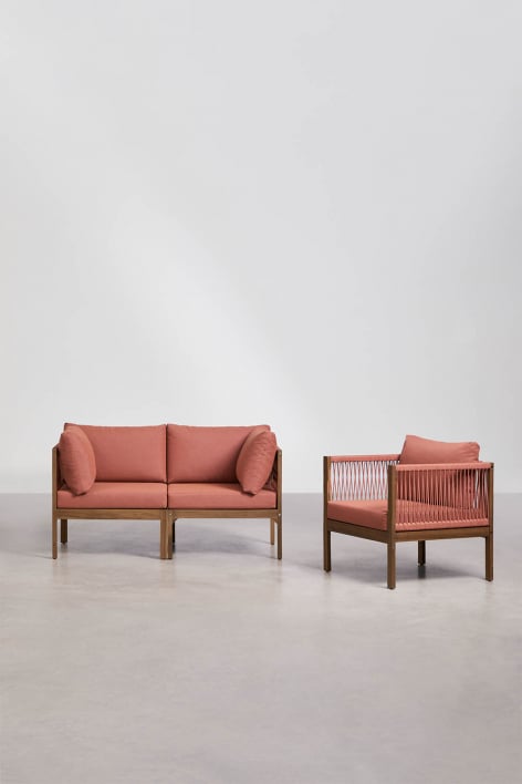 Conjunto de sala com sofá modular de 2 peças com apoios de braço e poltrona em madeira de acácia Branson - Terracota