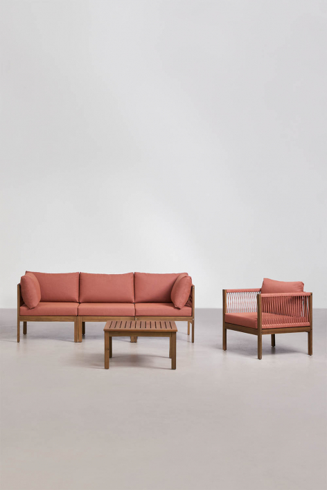 Conjunto de sala com sofá modular de 3 peças com apoios de braço, poltrona e mesa de centro em madeira de acácia Branson - Terracota