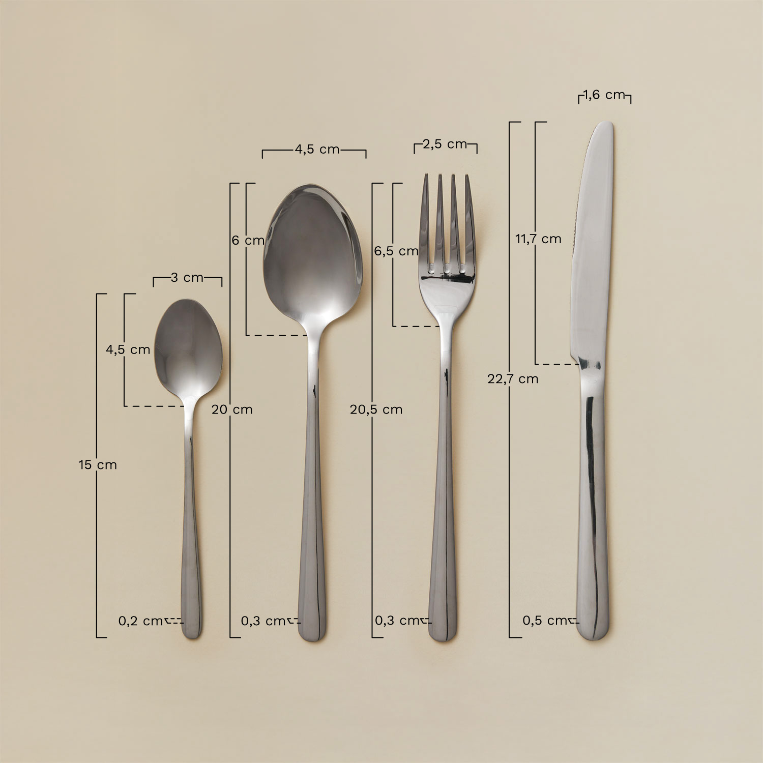 Conjunto de talheres de 16 peças em aço inoxidável Sornia, Dimens&otilde;es