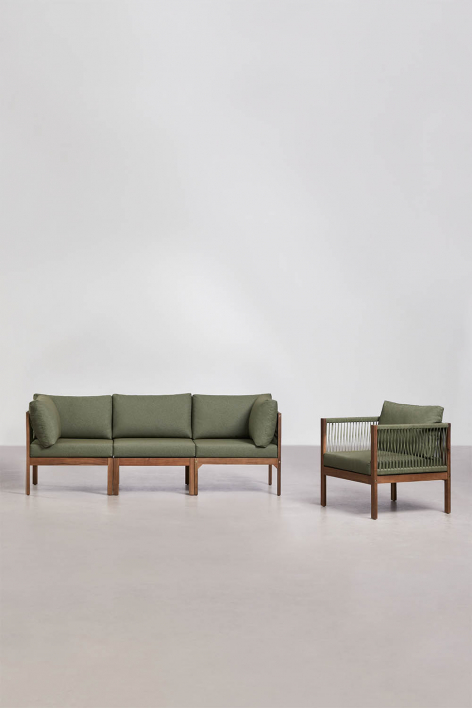 Conjunto de sala com sofá modular de 3 peças com apoios de braço e poltrona em madeira de acácia Branson - Verde Azeitona Intenso