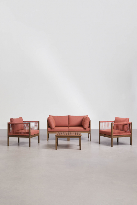 Conjunto de sala de estar com sofá modular de 2 peças com braços, 2 poltronas e mesa de centro em madeira de acácia Branson - Terracota