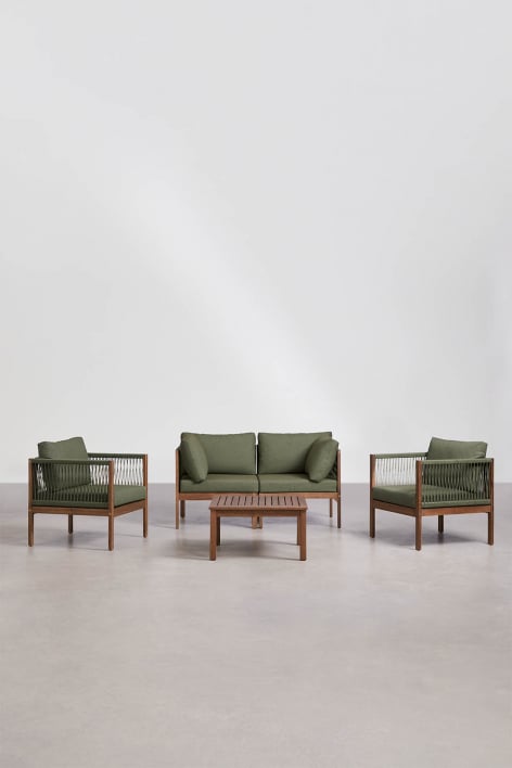 Conjunto de sala de estar com sofá modular de 2 peças com braços, 2 poltronas e mesa de centro em madeira de acácia Branson - Verde Azeitona Intenso