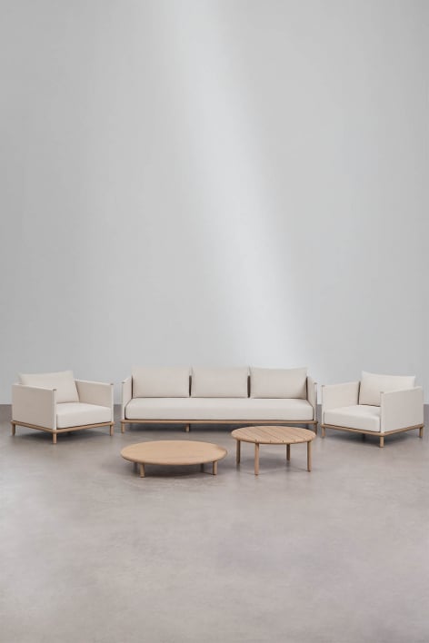 Conjunto de sala com sofá de 3 lugares, 2 poltronas e 2 mesas de centro redondas em madeira de acácia Olivia - Marrom Acácia Claro