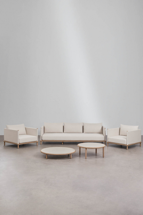 Conjunto de sala com sofá de 3 lugares, 2 poltronas e 2 mesas de centro redondas em madeira de acácia Olivia - Gardénia Branco