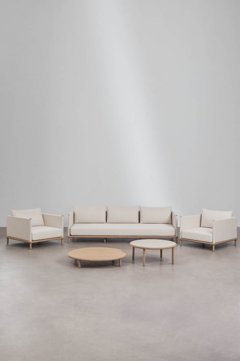 Conjunto de sala com sofá de 3 lugares, 2 poltronas e 2 mesas de centro redondas em madeira de acácia Olivia - Castanho Acacia Claro - Branco Gardenia