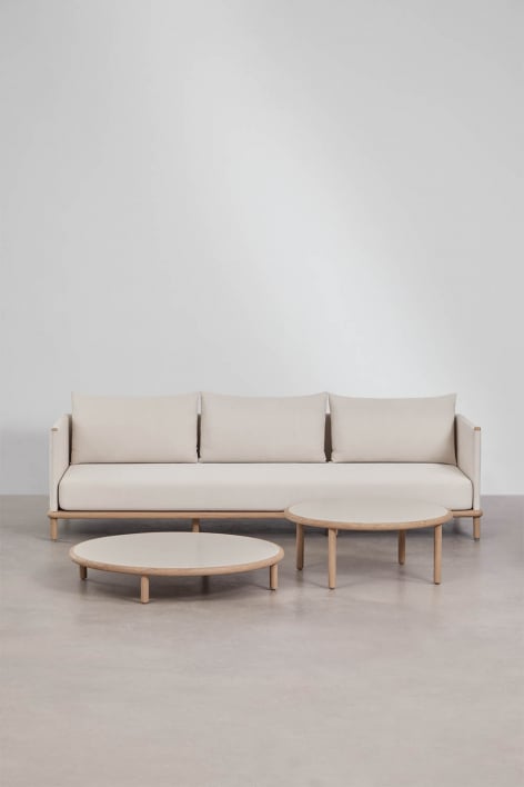 Conjunto de sala com sofá de 3 lugares e 2 mesas de centro redondas em madeira de acácia Olivia - Gardénia Branco