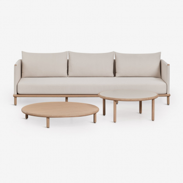 Conjunto De Sala Com Sofá De 3 Lugares E 2 Mesas De Centro Redondas Em Madeira De Acácia Olivia Castanho Acacia Claro - Branco - Sklum