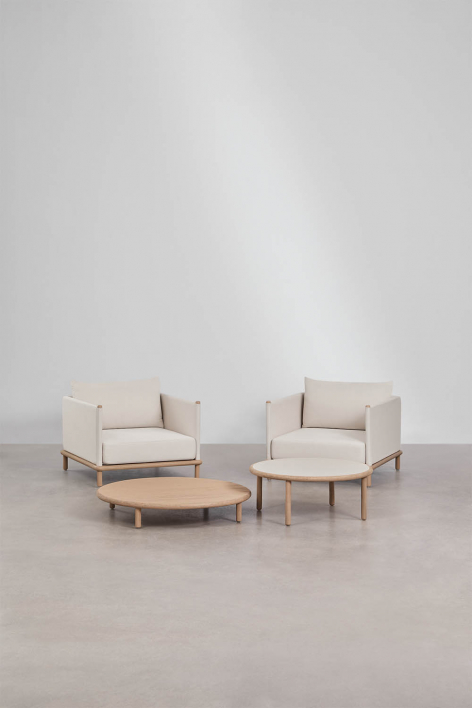 Conjunto de sala com 2 poltronas e 2 mesas de centro redondas em madeira de acácia Olivia