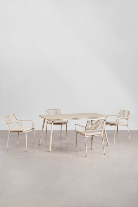 Conjunto de mesa retangular 160x90 cm e 4 cadeiras de jantar empilháveis em corda trançada Arhiza -  Tapioca Bege