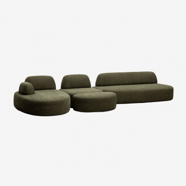 Sofá Modular Chaise Longue Esquerdo De 3 Peças Com Módulo De Canto E Puff Estofado Giorgia Tecido Verde Exército - Sklum