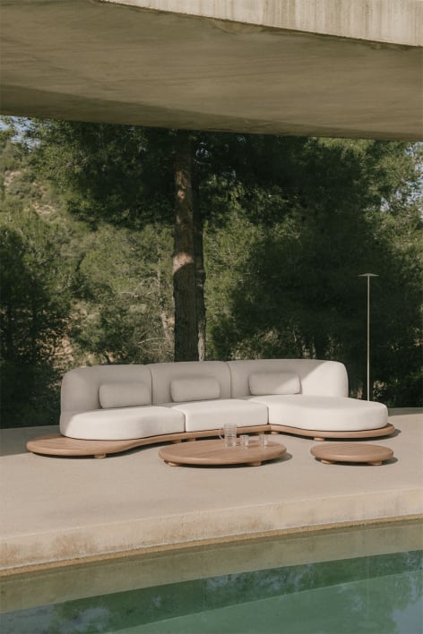 Conjunto de jardim com sofá modular chaise longue direito de 3 peças e 2 mesas de centro em madeira de acácia Gerard - Marrom Acácia Claro