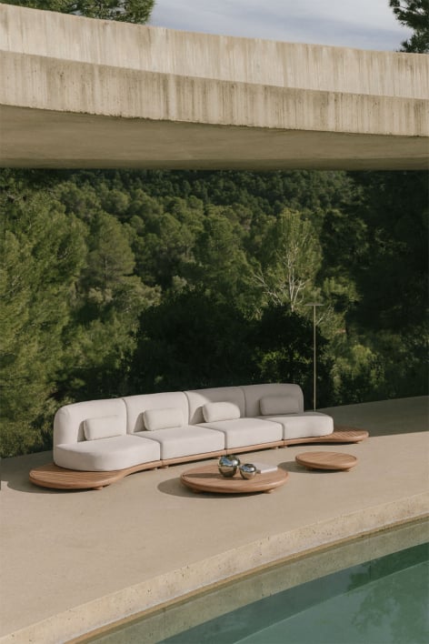 Conjunto de jardim com sofá modular reto de 4 peças e 2 mesas de centro em madeira de acácia Gerard - Marrom Acácia Claro