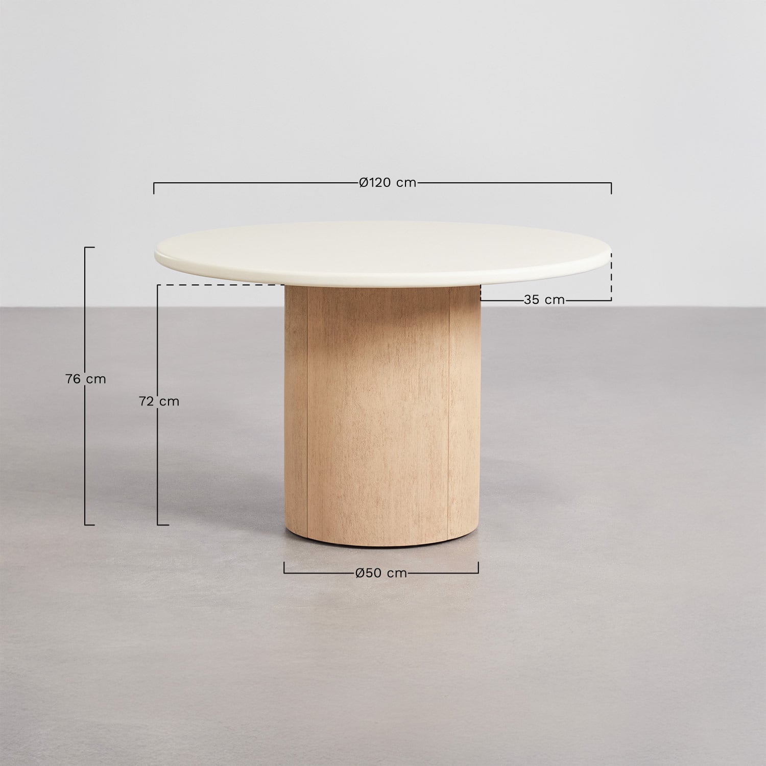 Conjunto de mesa redonda Ø120 cm em cimento Sharpay e 6 cadeiras de jardim em madeira de acácia e tecido bouclé Malta, Dimens&otilde;es