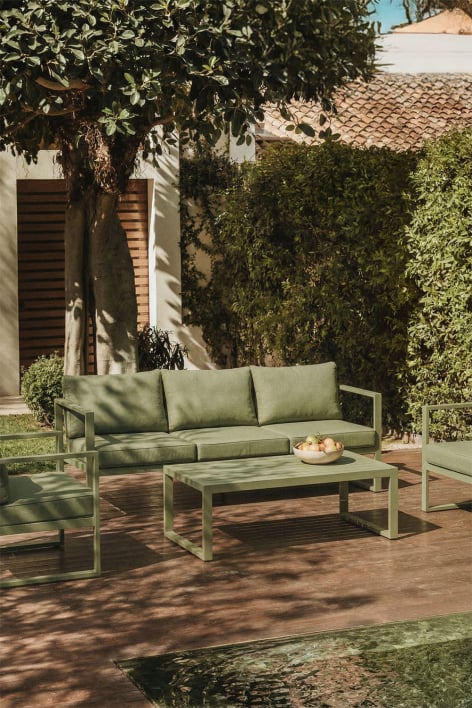 Conjunto de jardim com sofá de 3 lugares e mesa de centro em alumínio 110x55cm Lipov