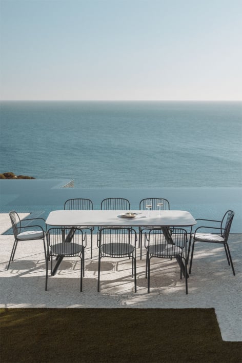 Conjunto de mesa retangular 200x95 cm em alumínio Brinela e 8 cadeiras de jardim com apoios de braços em aço Anerina