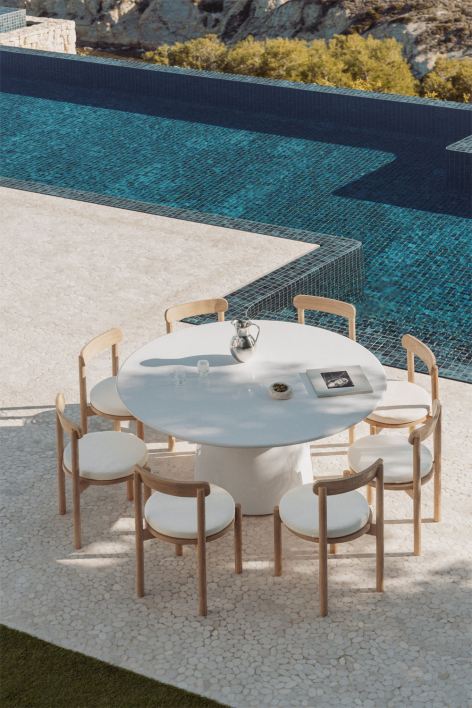 Conjunto de mesa redonda Ø150 cm em cimento Numira e 8 cadeiras de jardim em madeira de acácia Nualis