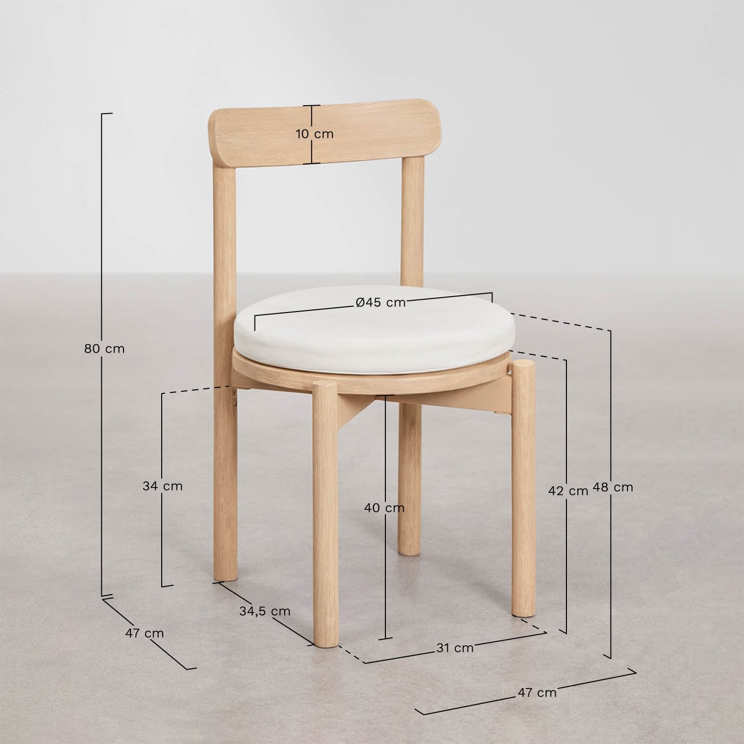 Conjunto de mesa redonda Ø150 cm em cimento Numira e 8 cadeiras de jardim em madeira de acácia Nualis, Dimens&otilde;es