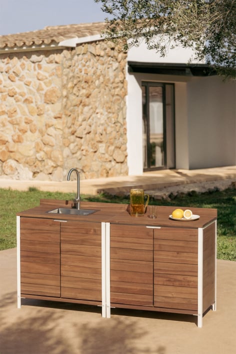 Cozinha modular de exterior de 2 peças com lava-loiça e arrumação em madeira de acácia Reggie