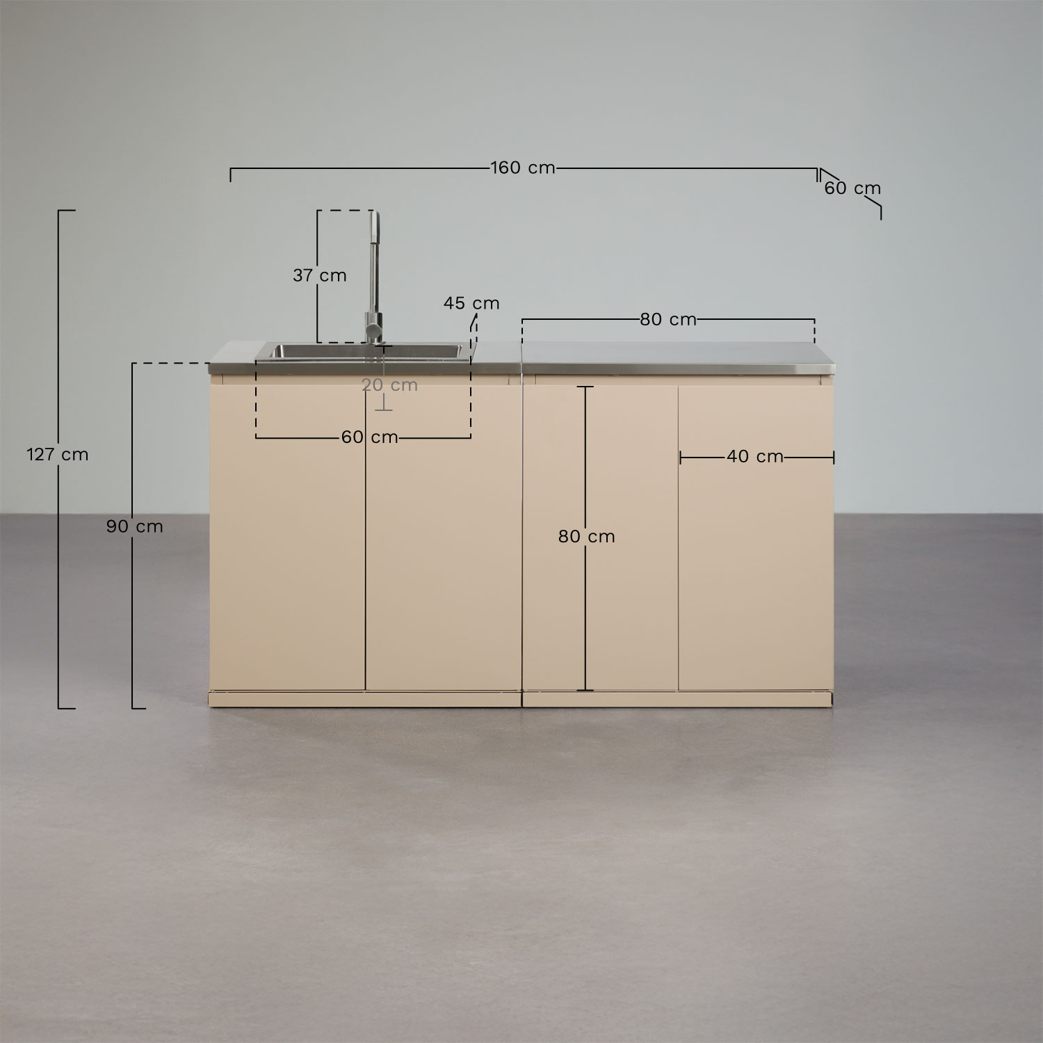 Cozinha modular de exterior de 2 peças com lava-loiça e arrumação em aço Rivana, Dimens&otilde;es