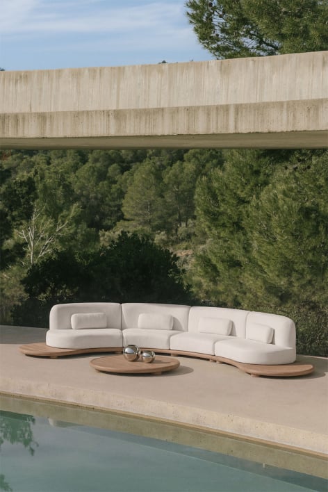 Conjunto de jardim com sofá modular curvo de 4 peças e mesa de centro oval 120x95 cm em madeira de acácia Gerard