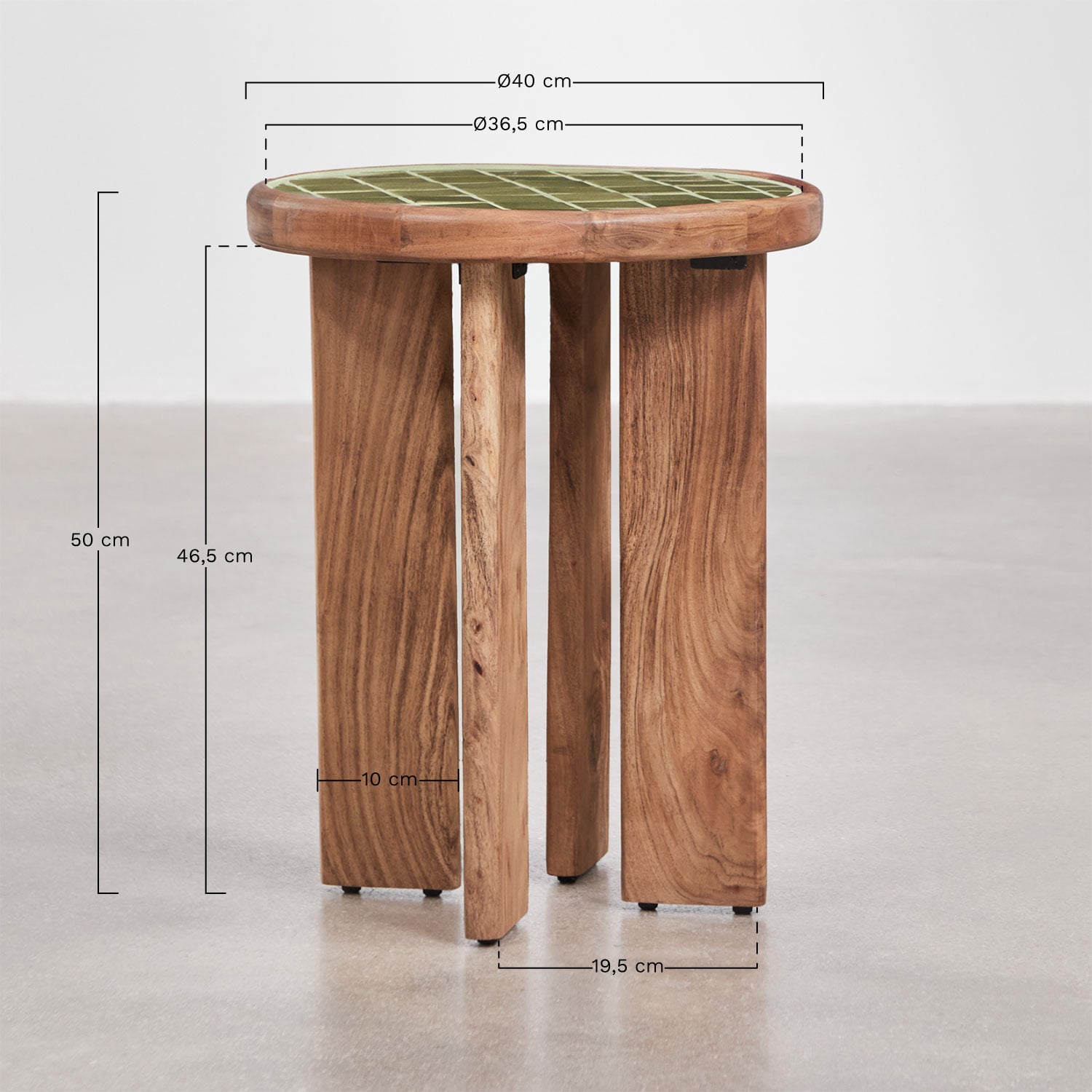 Mesa auxiliar redonda Ø40 cm em madeira de acácia e azulejos Aitana, Dimens&otilde;es