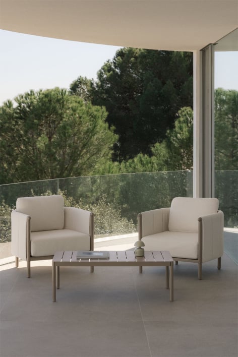 Conjunto de jardim com 2 poltronas em bouclé e mesa de centro em alumínio Boleni