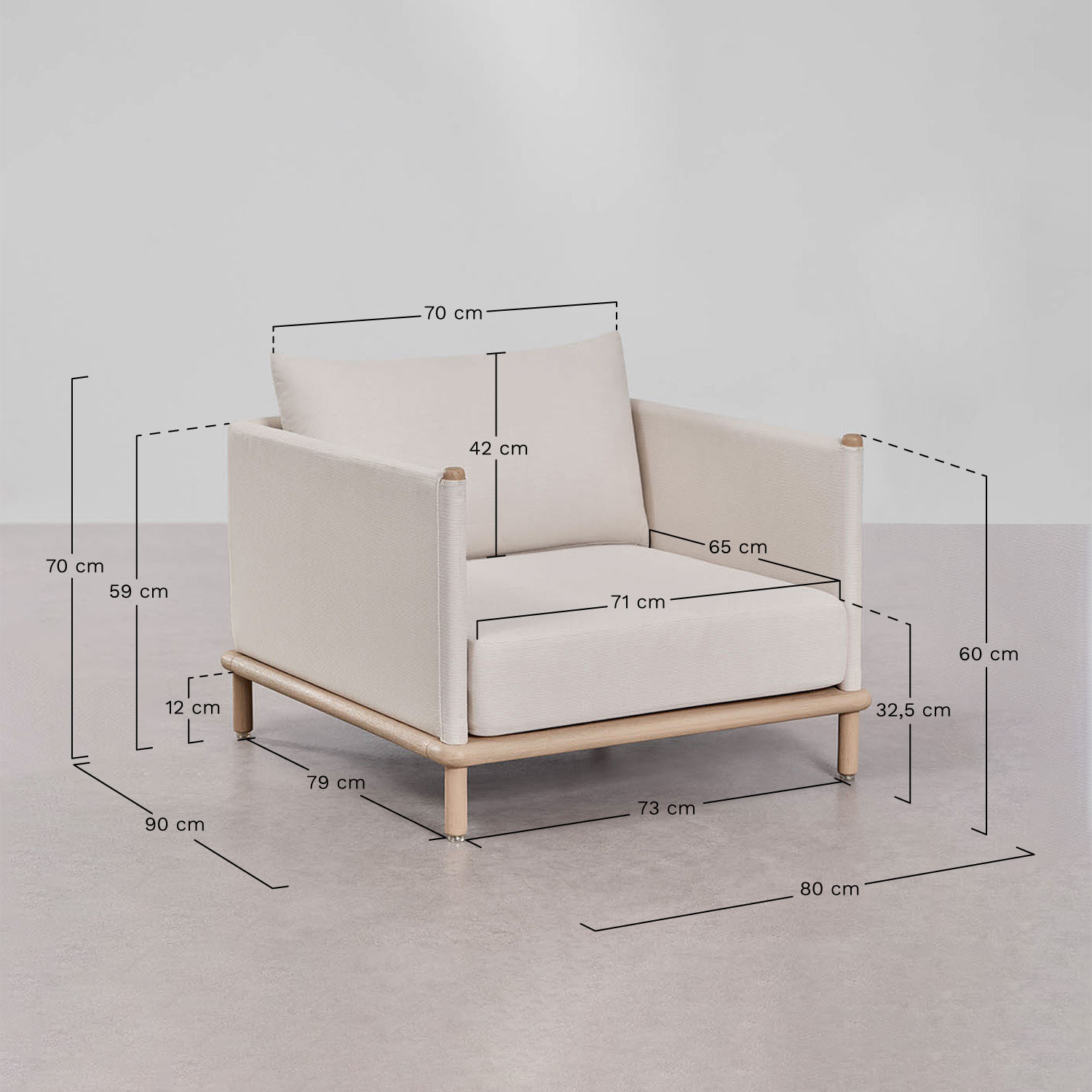 Conjunto de sala com 2 poltronas e 2 mesas de centro redondas em madeira de acácia Olivia, Dimens&otilde;es