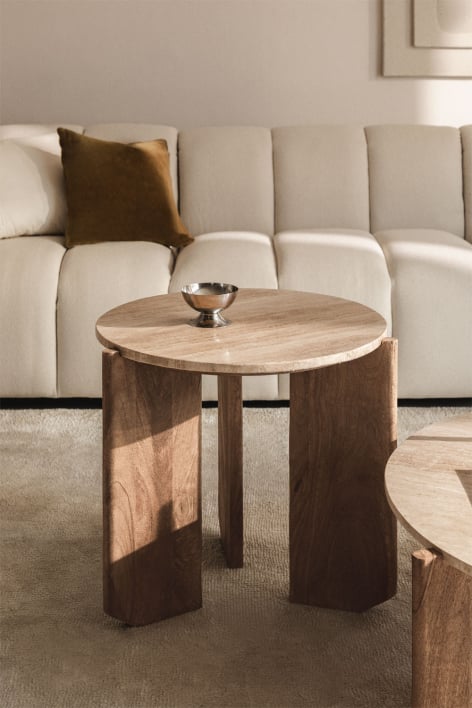 Mesa auxiliar redonda Ø50 cm em pedra natural e madeira de manga Lavinia - Travertine