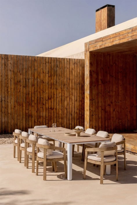 Mesa de jardim retangular em alumínio e madeira de teca Sirka - Gardénia Branco