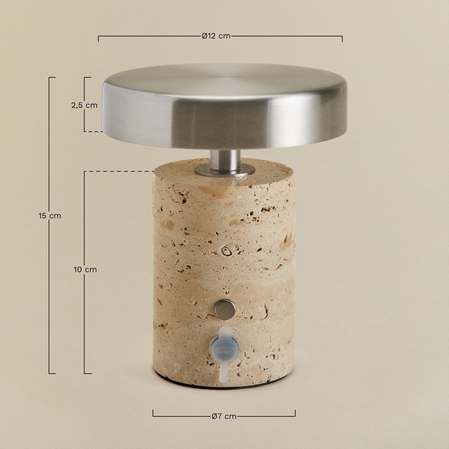 Lâmpada de mesa LED sem fios em ferro e pedra natural Isasia, Dimens&otilde;es