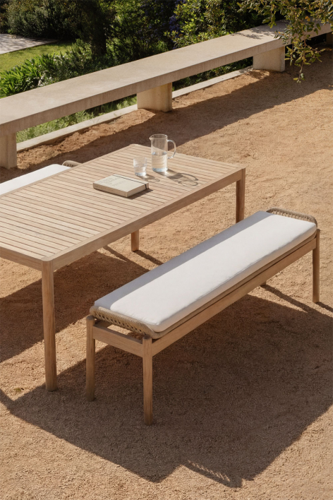 Banco de jardim 180 cm em madeira de acácia clara e corda entrançada em tecido branco Karvia - Tecido Branco